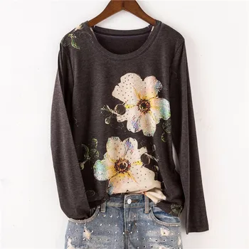 

Double floral print slim t shirt women Plus size vintage long sleeve fashion hot drilling tops 2019 new arrivals