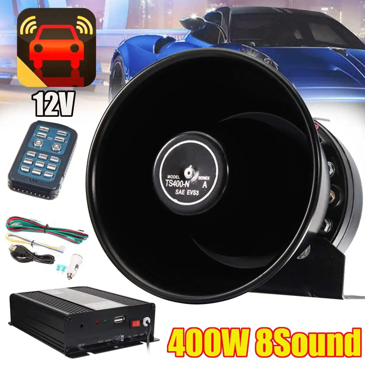 

400W 12V Durable 7 Sound Tones Loud Horn Car Truck Vehicle Speaker Warning Alarm Siren Horn Polices Ambulance Loudspeaker