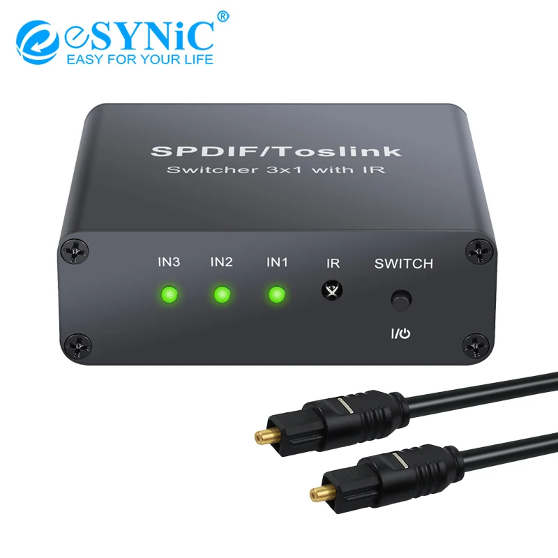 

eSYNiC SPDIF/Toslink Switcher 3x1 with IR Remote Digital Optical Audio Switchers For Fit LPCM2.0/DTS/Dolby-AC3 Toslink Switcher