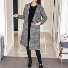 Kenancy/женское Шерстяное Пальто Осень-зима, новое шерстяное пальто в клетку, женское длинное шерстяное тонкое универсальное пальто