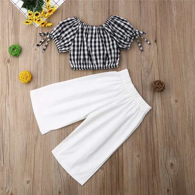 2019 Summer Girls Clothing Set Baby Kids Clothes Suit Children Short Sleeve Plaid T-Shirt Crop Top+Pants roupas infantil meninas 5