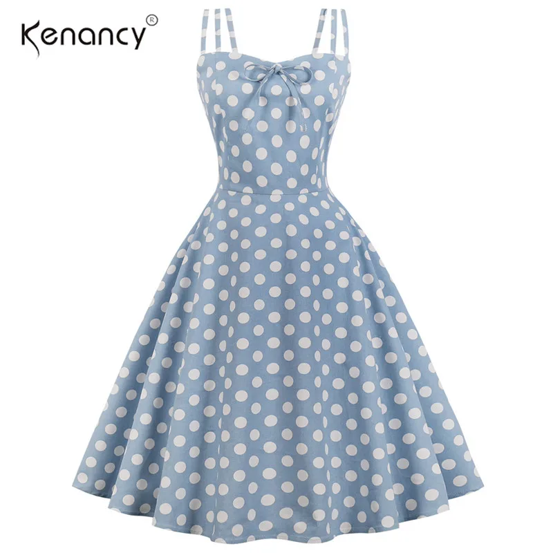 

Kenancy Vintage Dress Spring And Summer Straps Fashion Dot Printing Bowknot Chest Design Sleeveless Corset Retro Women Dress