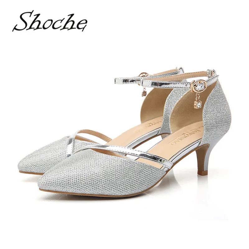 

Shoche Pointed Toe Kitten Heel Sandals Fashion Sliver Gold Women Party Shoes Ladies Cover Heel Casual Summer Sandals