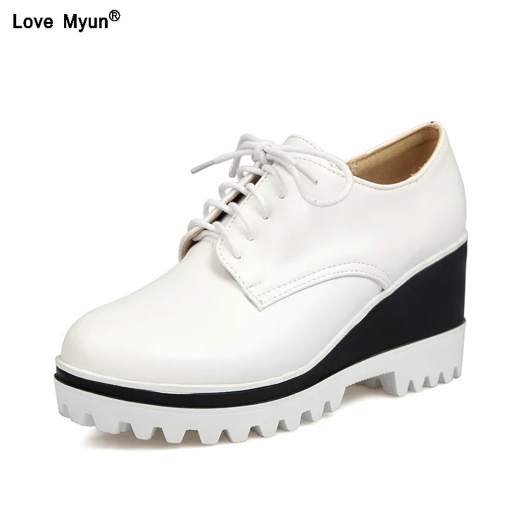 Spring Women Flat Platform Shoes Oxfords Genuine Leather Lace Up Flats