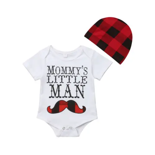 Baby Boys Jumpsuit Short Sleeve Plaid Tops Hat Xmax Outfits Set Clothes 2pcs Newborn Baby Boy Clothing Bodysuit 0-24M