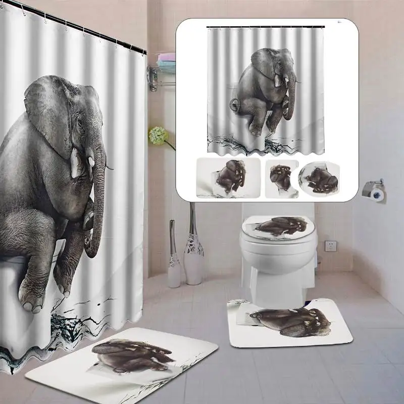 Elephant Printed Waterproof Polyester Bathroom Shower Curtain +Toilet