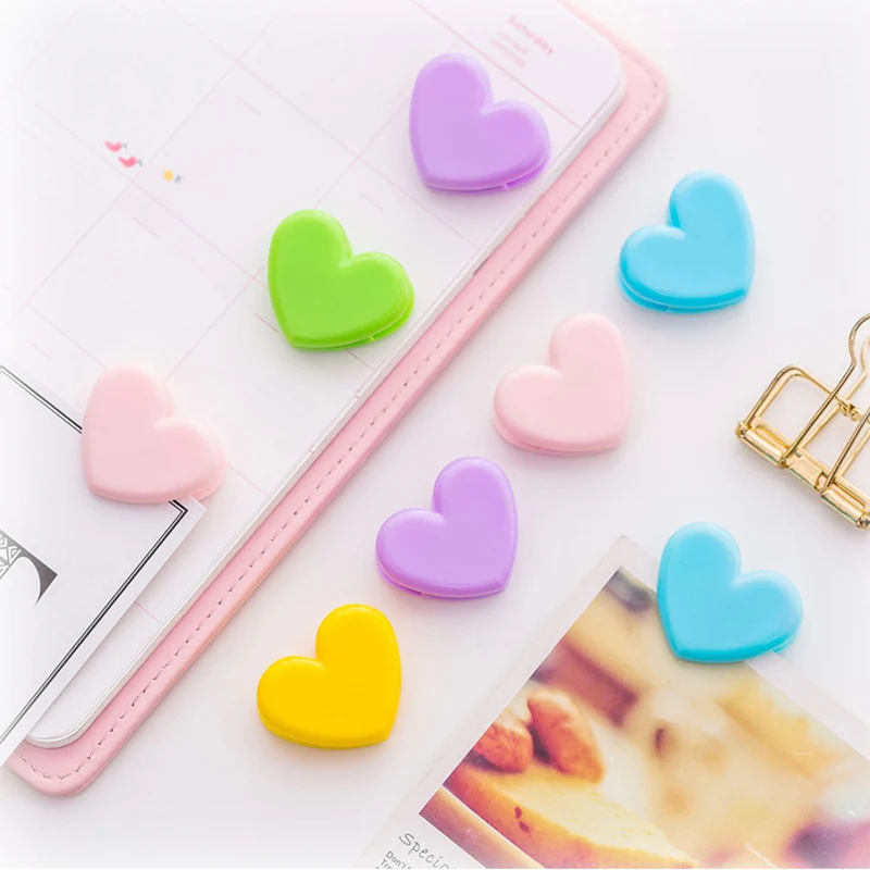 

1PC Colorful Heart Binder Clips Kawaii Plastic Bookmarks For Albums Office School Paper Bills Receipt Organizer Binding Supplies