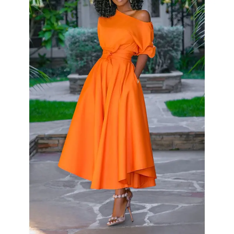 

2019 Casual Long Dress Women Summer One Shoulder Sexy Fashion Street Travel High Waist Robe Ladies Big Swing Elegant Day Dresses