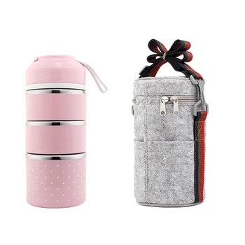 

1 Set Lunch Box Stainless Steel Portable Lovely 3-Layer Insulation Food Carrier With Insulation Portable Bag
