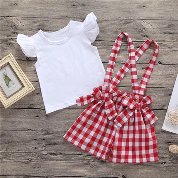 

2019 Newborn Baby Kids Girl Infant Toddler Outfits Clothes Set T-shirt Tops +Plaid Strap Pants 2PCS/set Sets