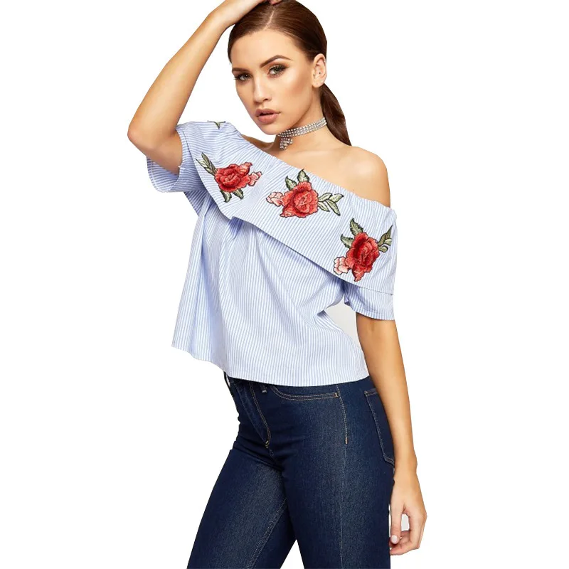 

Danjeaner Women Floral Embroidery Striped Ruffles Blouse Sexy Ladies Slash Neck Short Sleeve Loose Tops Fashion Streetwear Shirt