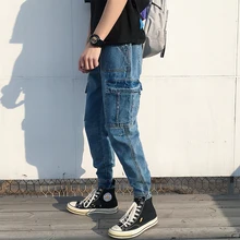 Корейский стиль, мужские Стрейчевые зауженные классические джинсы, синие повседневные штаны-карго с карманами для школьника, байкерские джинсовые брюки, S-2XL