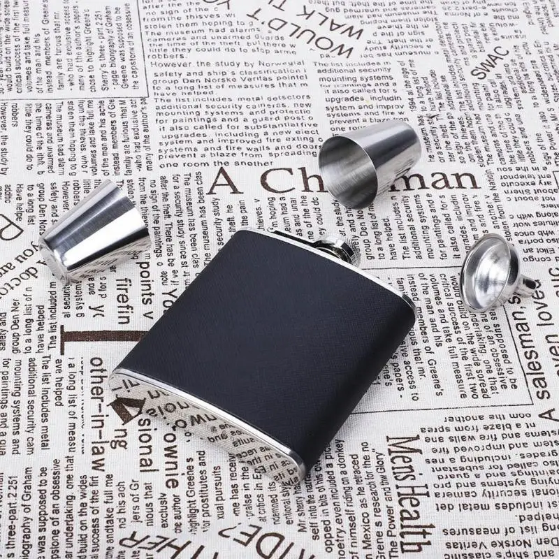 Нержавеющая сталь фляжка черная кожа Воронка с двумя винными чашками ...