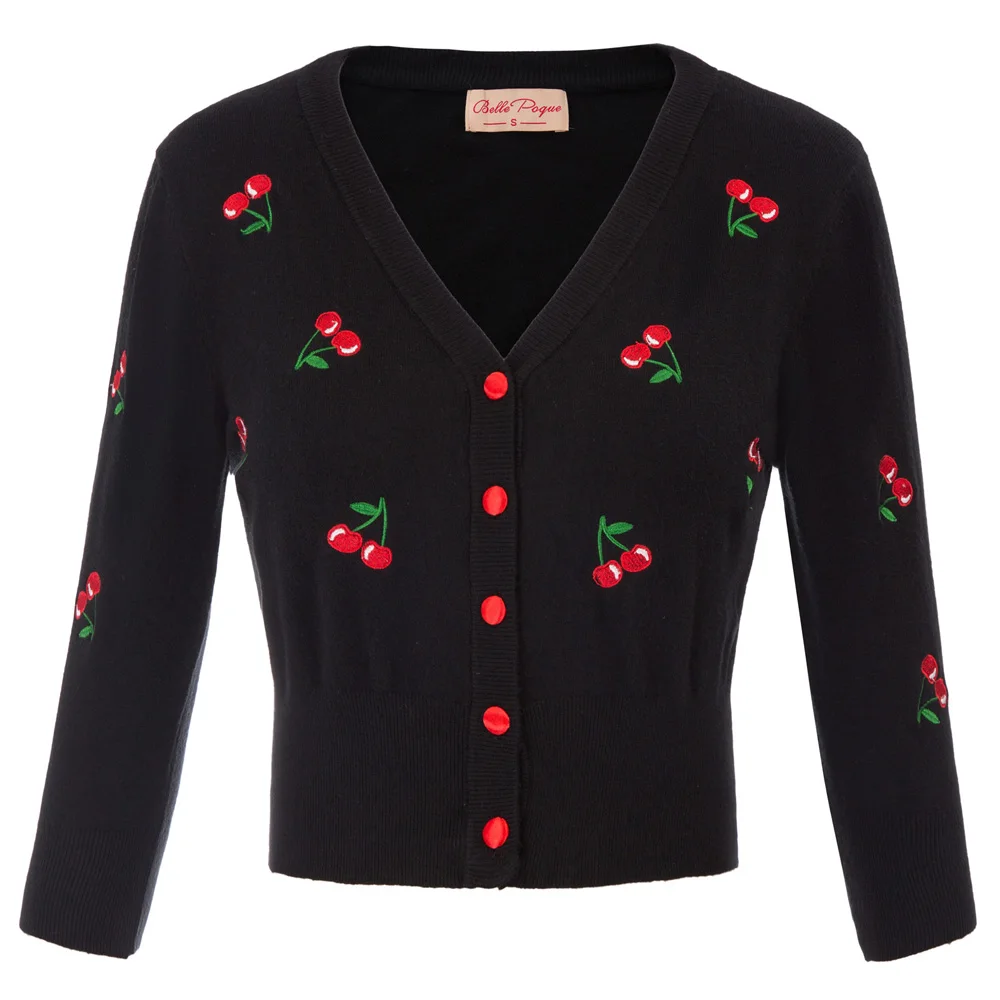 

Fashion Women's Knitting Coat Exquisite Cherries Pattern Embroidery Long Sleeve V-neck Cropped Knitting Coat Knitwear 2019 new