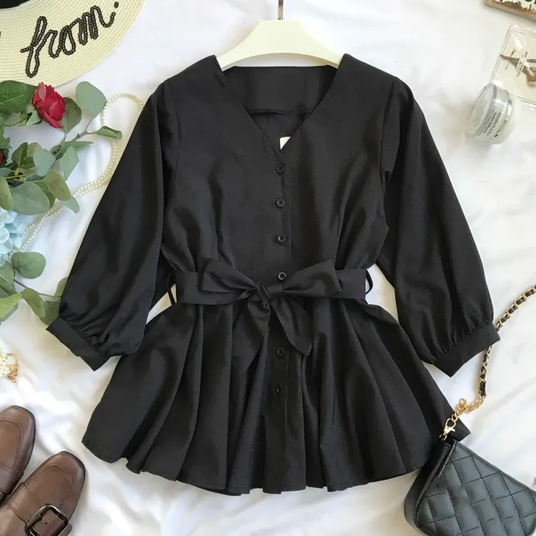 

Sashes V-Neck Pleated Women Shirt Spring Summer Fashion Simple Sweet Top 2019 Solid Single Breasted Blouse