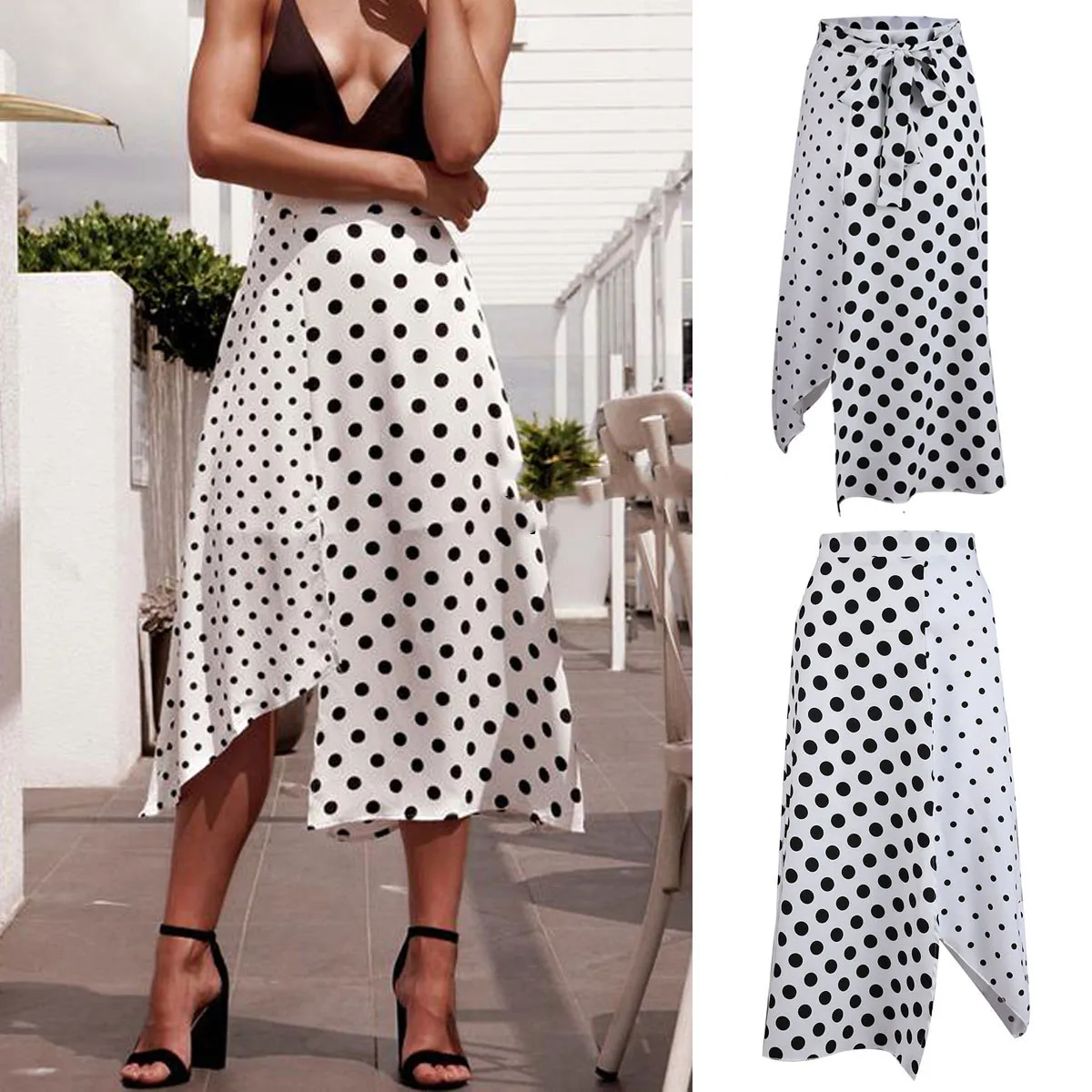 Женская юбка богемная миди в горошек со шнуровкой с разрезом летняя с высокой талией