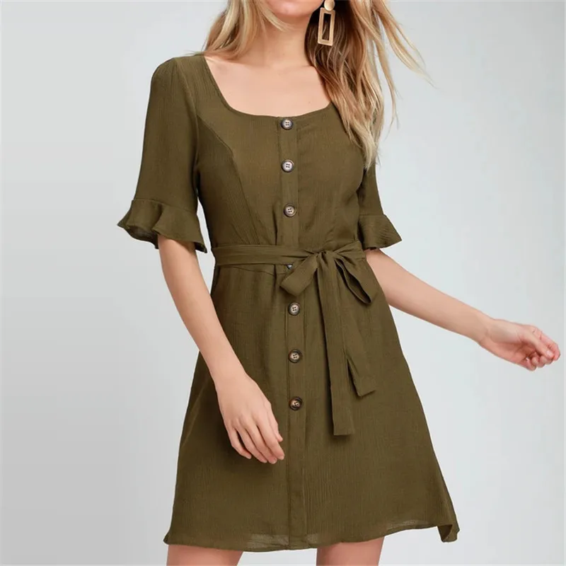 

2019 Summer Dress Women Casual Ruffles Bandage Solid Half Sleeve High Waist Button Shirt Dress Vintage Ladies Dresses Vestidos