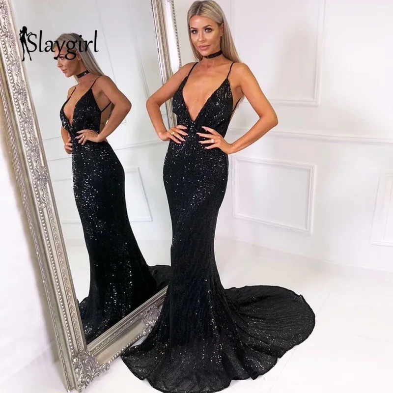 Женское длинное платье с блестками Slaygirl элегантное Клубное v-образным вырезом и