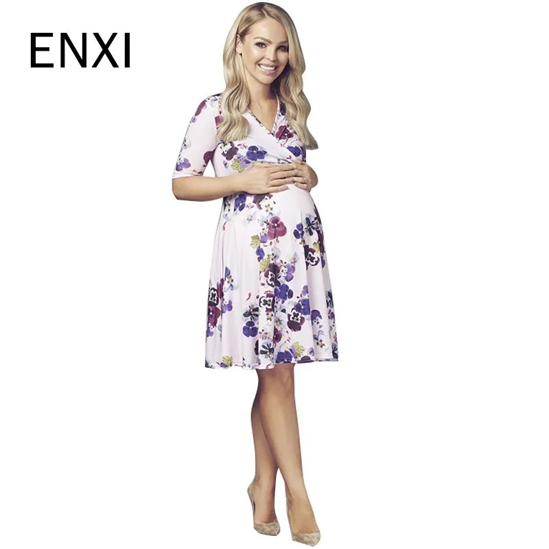 

ENXI Fashion Women Maternity Floral Dress Casual Loose Half Sleeve V Neck Pregnant Mather Clothes Plus Size S-2XL