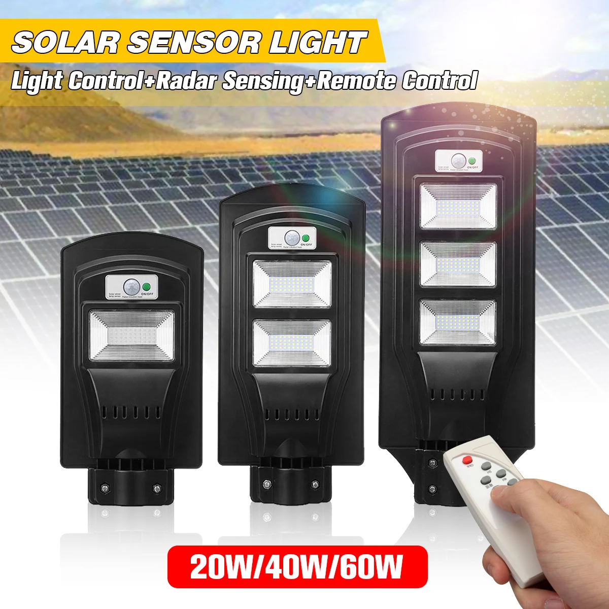 

Waterproof 20/40/60/90W Wall Lamp Street Light LED Radar motion Constantly bright & Induction Solar Sensor Light Remote Timing