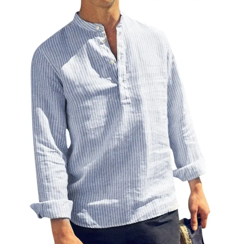 

Trend Striped Cotton Shirts Dress Men Shirts Henley Collar Button Tops Long Sleeve Loose Fashion Social Shirt Beach Tee Camisa