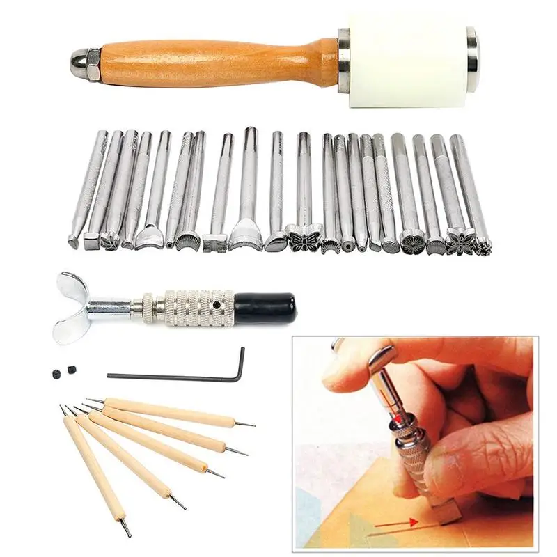 Leather Carving Working Saddle Making Tools Set DIY Hammer Swivel Knife
