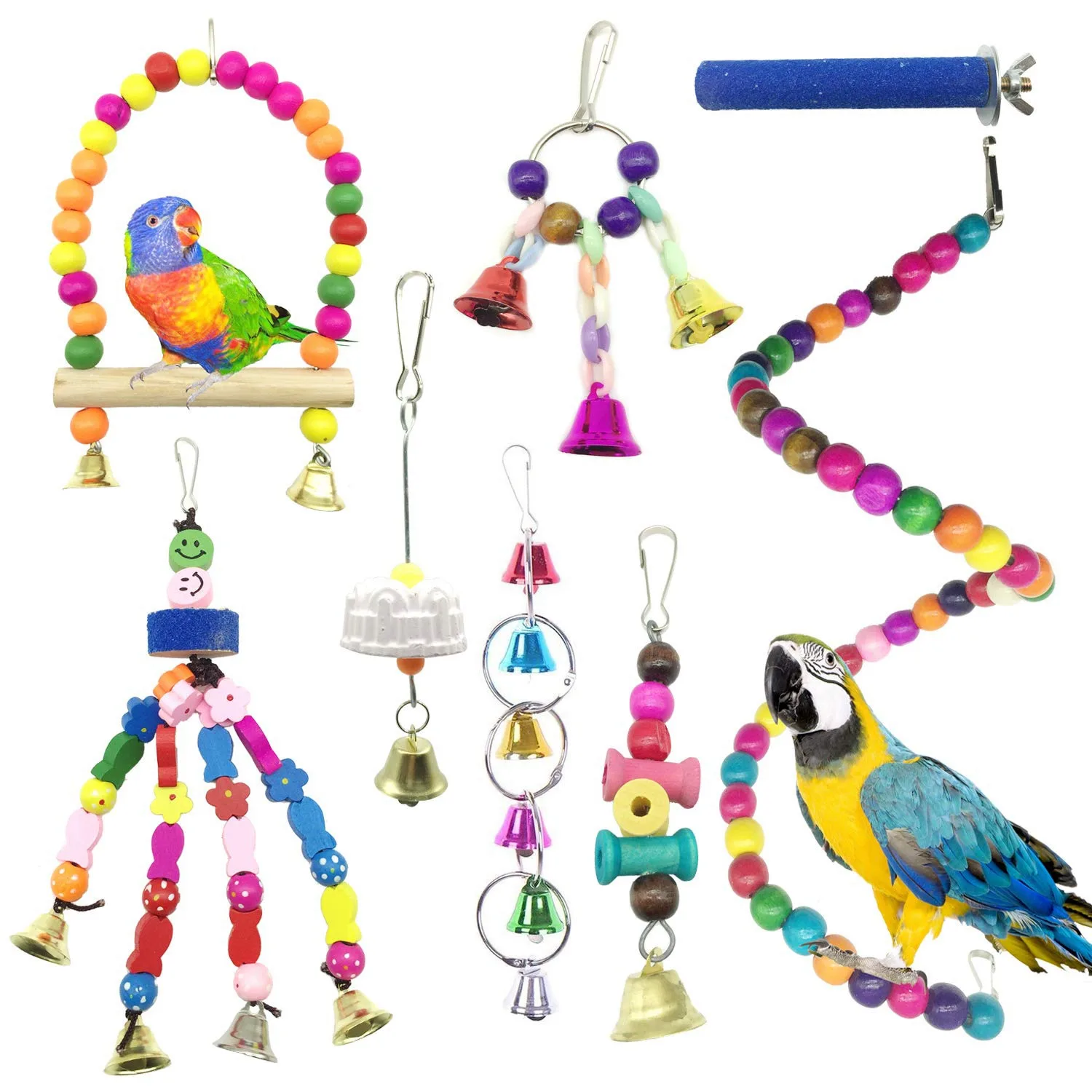 Птица игрушечные попугаи для клеток, Красочные Жевательная Подвесные качели комнатная птица, игрушка с колокольчиками, деревянная