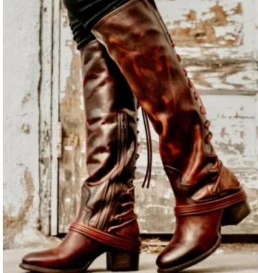 

women vintage lace up boots knee boots Knee-High Motorcycle boots 563