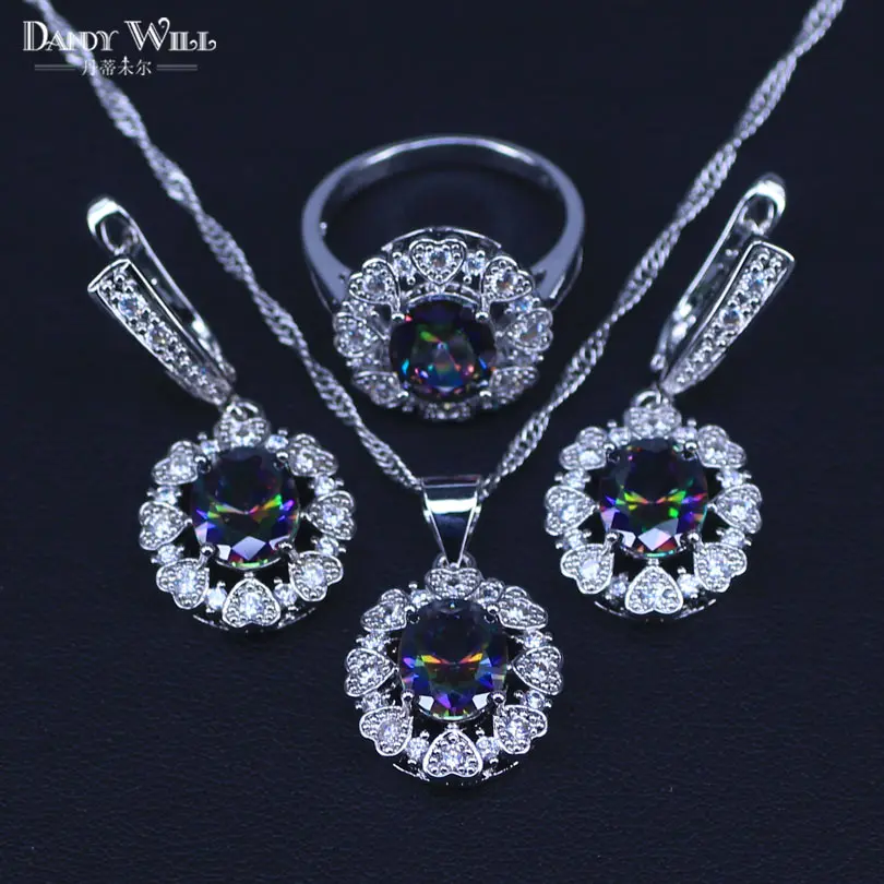 Fire Multi color Rainbow Zircon For Women Silver Color Jewelry Sets Necklace Pendant Earrings Rings Free Shipping | Украшения и