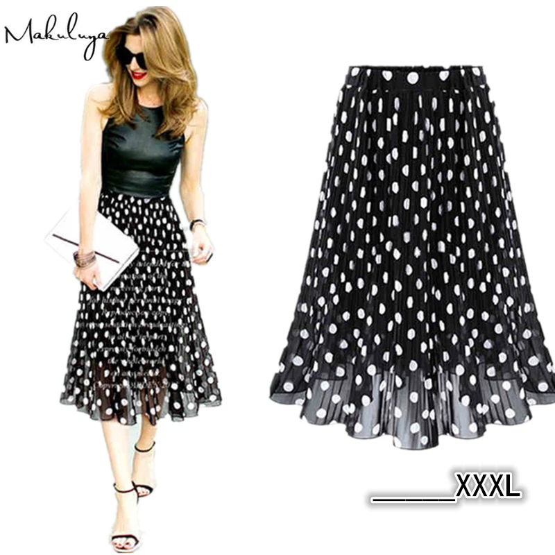 

Makuluya NEW Summer Spring Women Chiffon Polka Dot Skirt Female Black dots Elastic Waist Pleated Skirt Beach A-Line Plus Size L6