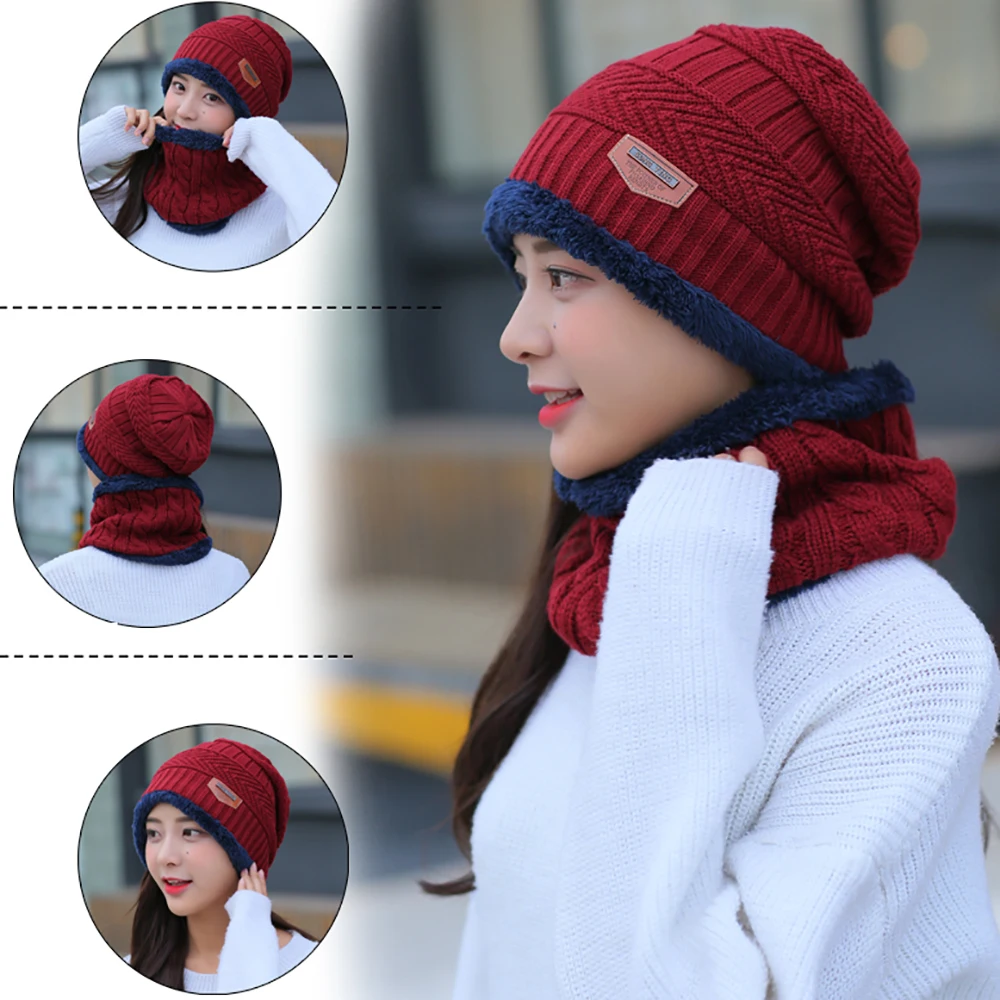 

Winter Knitting Beanie Hat Cap Scarf Set Two-Piece Slouchy Beanie Cap Thicken Neck Warmer for Women Girls