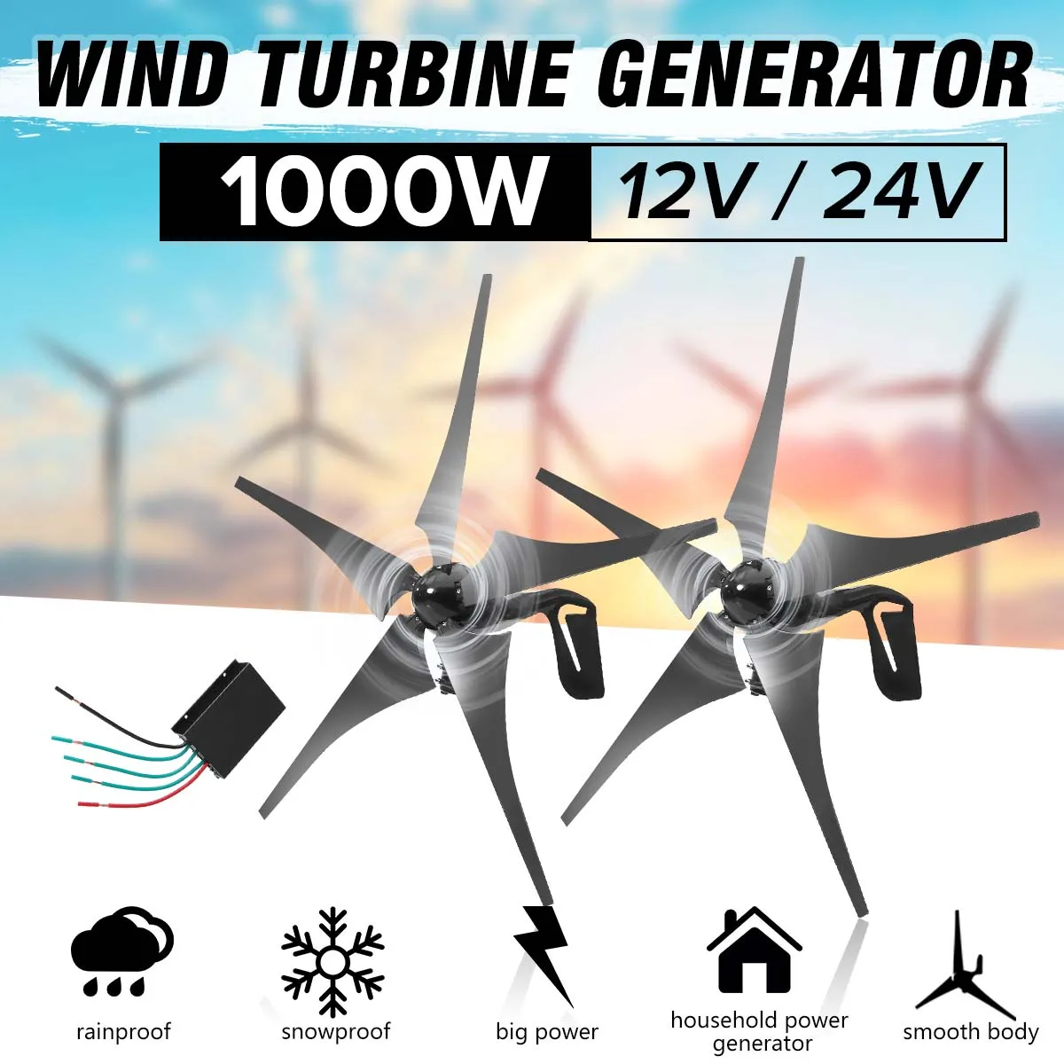 

1000W 12V 24V 5 Nylon Fiber Blade Horizontal Home Wind Turbines Generator Power Windmill Energy Turbines Charge For home Outdoor