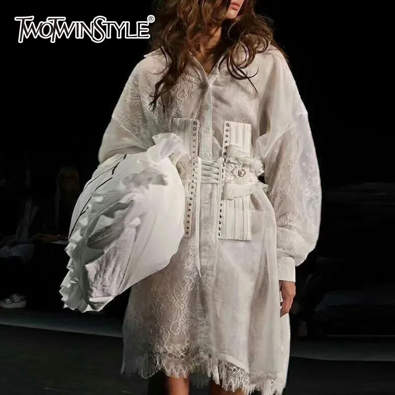 

TWOTWINSTYLE Patchwork Lace Shirt Dresses Women High Waist Lantern Sleeve Casual Mini Dress Female 2019 Spring Fashion Clothes