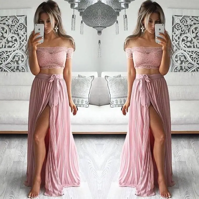 

pink lace summer long dress 2019 sexy two piece set robe femme vestido longo elegant beach elbise sukienki bodycon clothes robes
