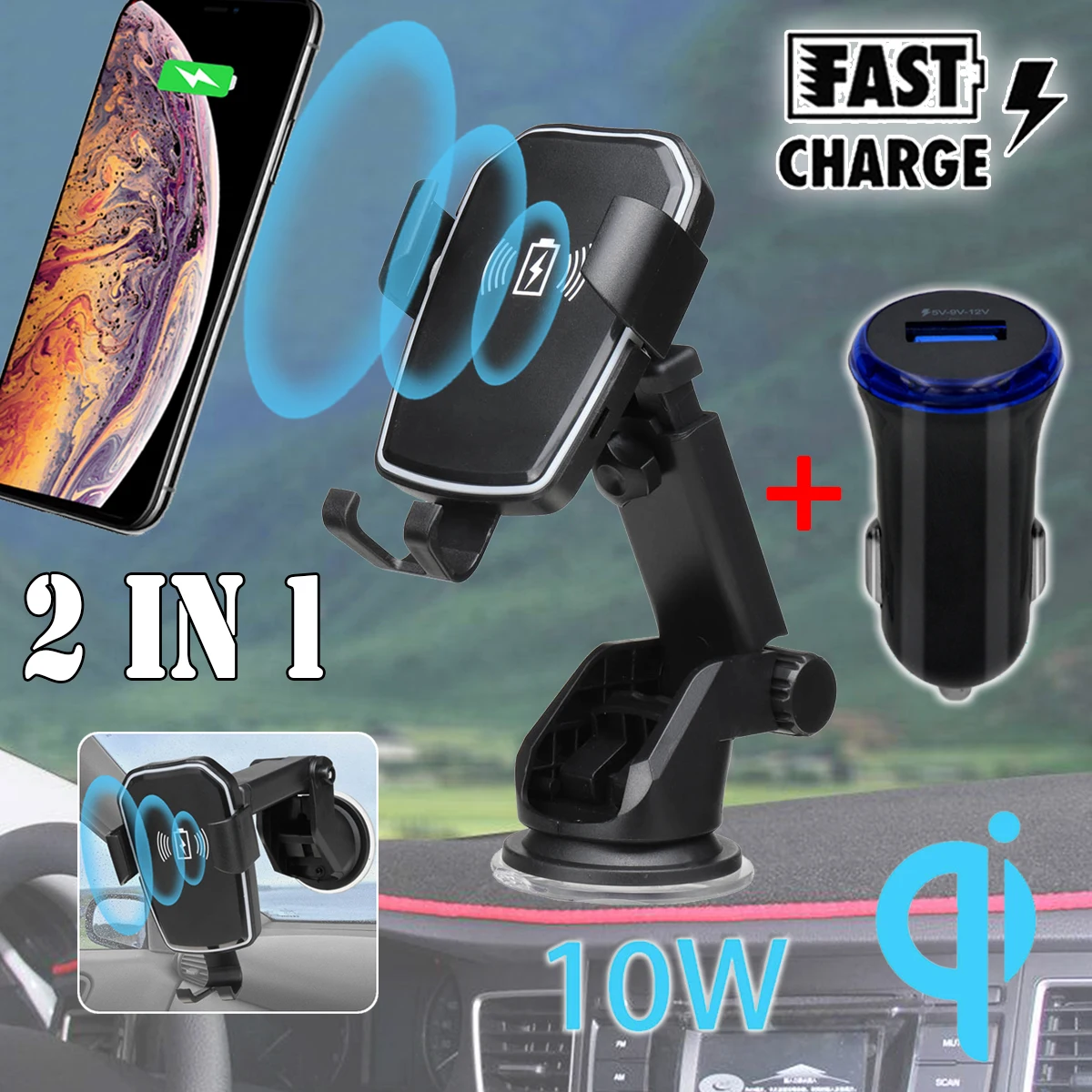 

10W QI Wireless Charger Fast Charging for Samsung S10E S10 Plus Car Gravity Dashboard Windshield Phone Holder Mount USB Charger