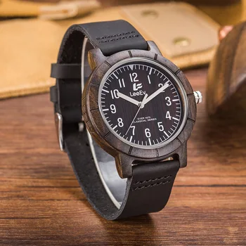 

LeeEv Natural Handmade Zebra Sandalwood Mens Wristwatch Fashion Simple Quartz Bamboo Male Watches Genuine Leather Strap Watch