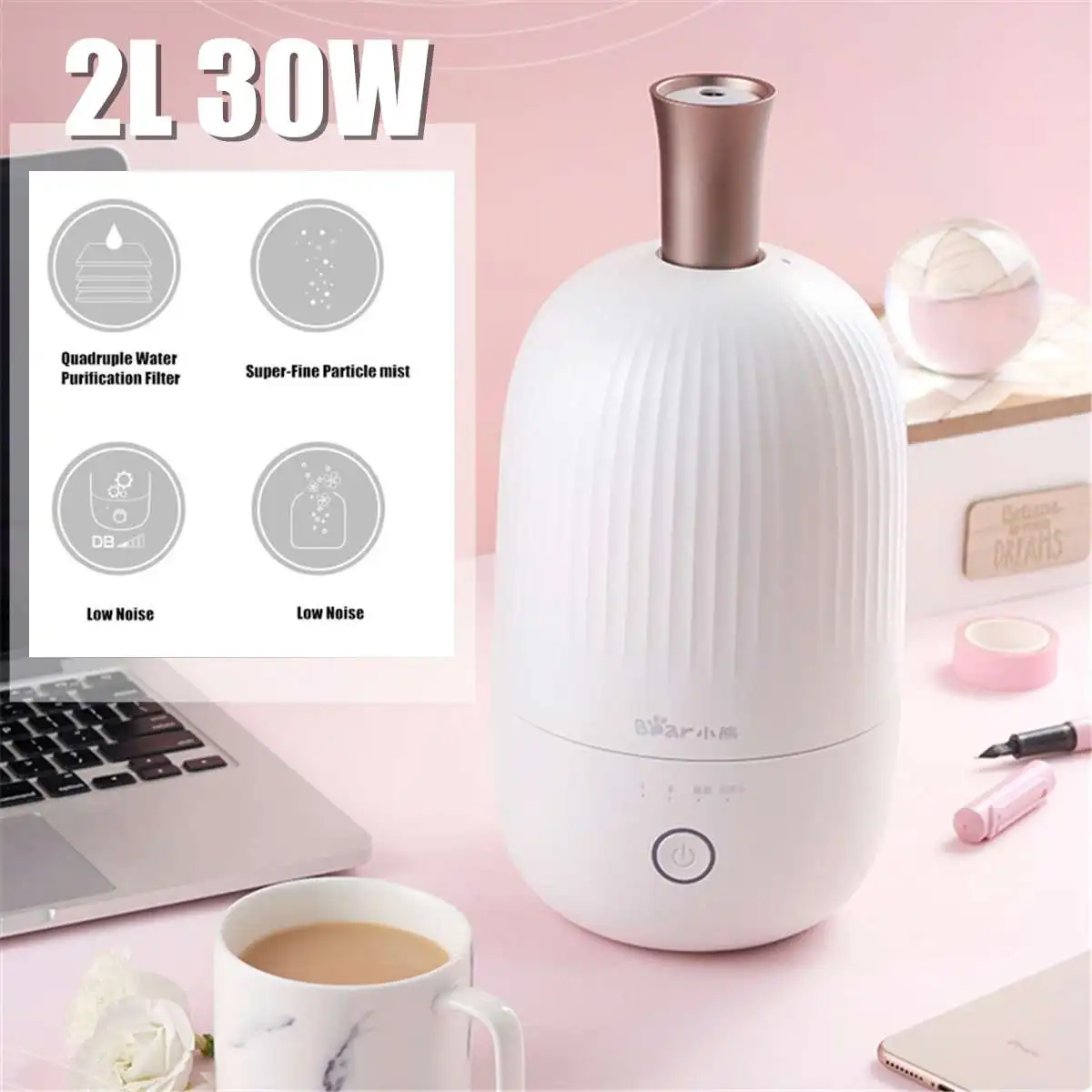 

2L Elegant Air Humidifier Essential Oil Diffuser Anion Deodorize Humidifier Adjustment Low Noise for Baby Family Pregnant