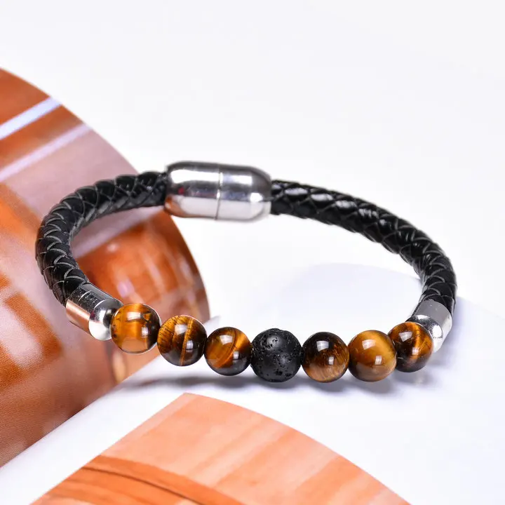 

BRIGHT MOON 2019 New Natural Stone Magnet Health Slimming Brown Macrame Leather Grind Arenaceous for Friend Gift Bracelet