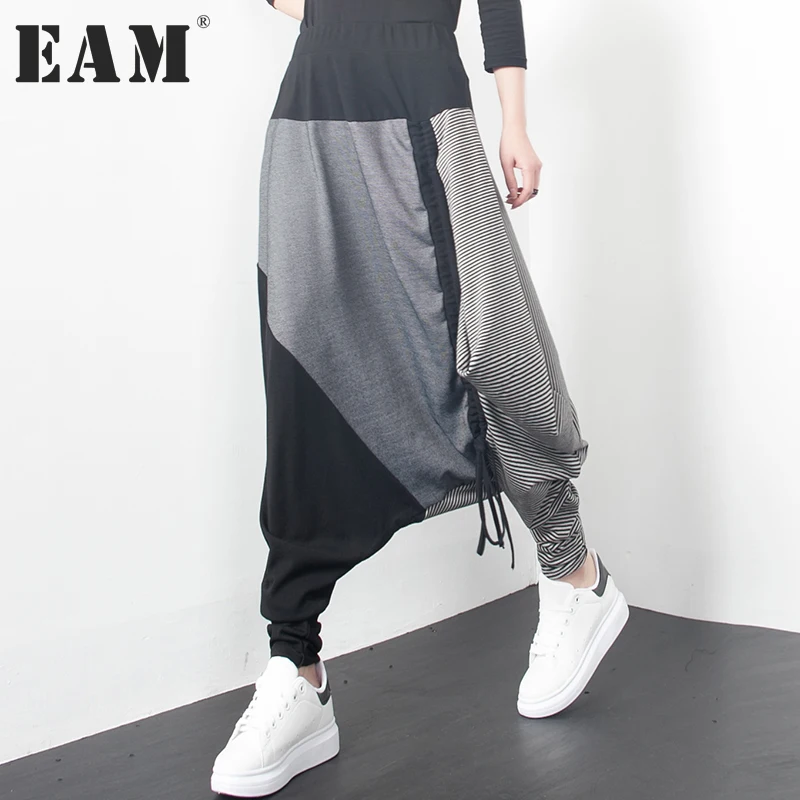 

[EAM] 2019 New Spring High Waist Solid Color Gray Striped Split Joint Cross-pants Women Fashion Tide All-match JD22602S