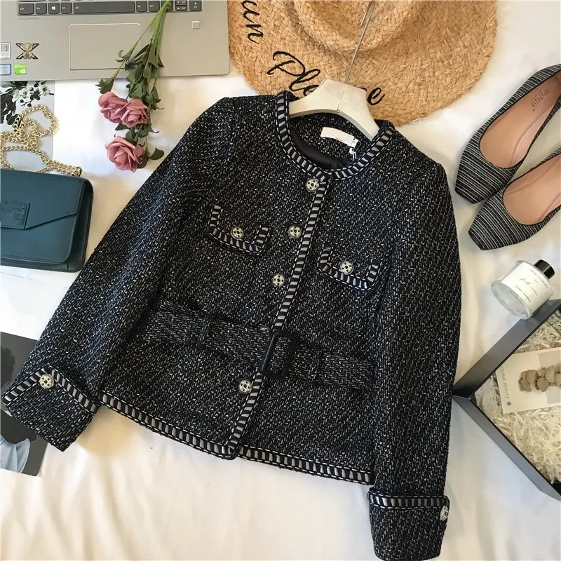 

Women Vintage Navy Blue Slim Office Lady Casual Jacket With Belt 2019 New Spring Long Sleeve Tweed Blazer