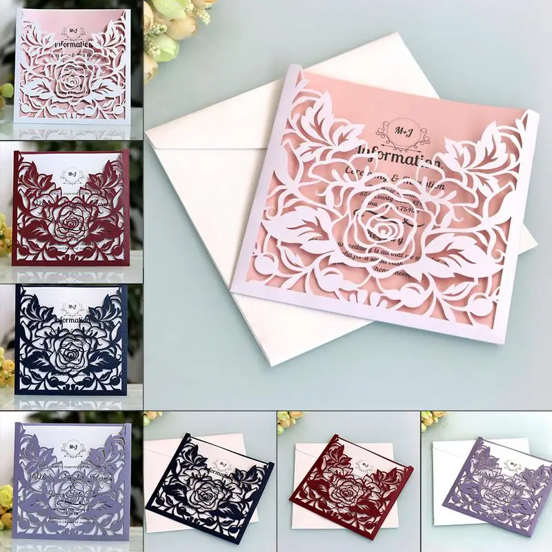  10pcs/lot Lace Pocket Wedding Invitations Cards Square Laser Cut Rose Flower Greeting Card Invitati - 32967346266