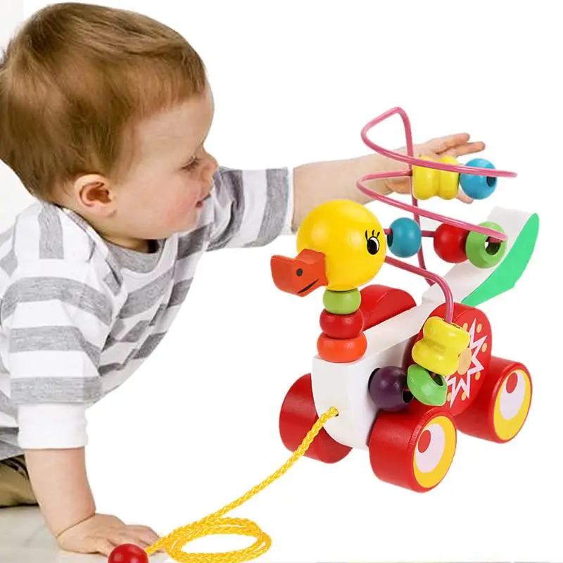 Утенок на колесах игрушка деревянная детская игрушка Дети ранняя развивающая головоломка, игрушка утенок на колесах круглые бусины
