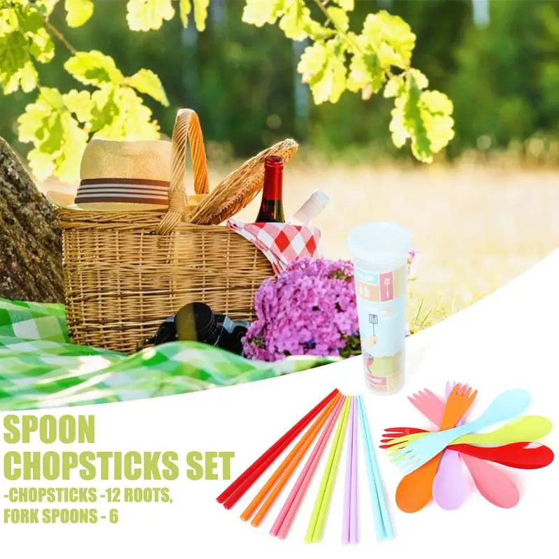 Picnic al aire libre innovador comida grado 6 piezas tenedor cuchara palillos Camping arcoíris Color vajilla portátil palillos conjunto