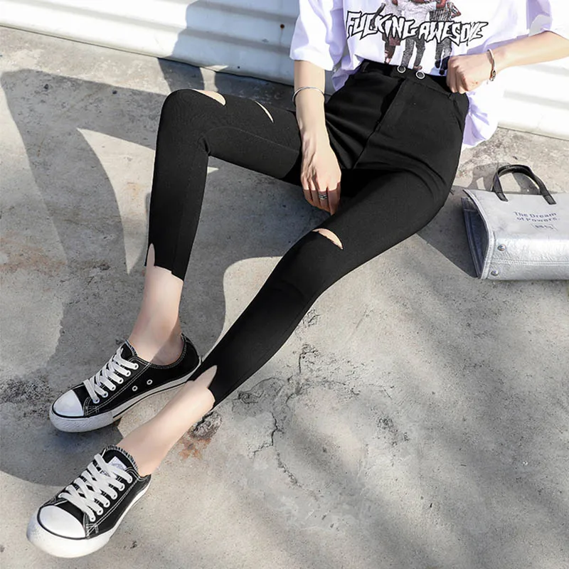 Loyalget New wild black tight pencil pants Ladies Jean Trousers High Waist Hole Zip Belt Plain Pants Women Elegant Crop Loyalget New wild black tight pencil pants Ladies Jean Trousers High Waist Hole Zip Belt Plain Pants Women Elegant Crop