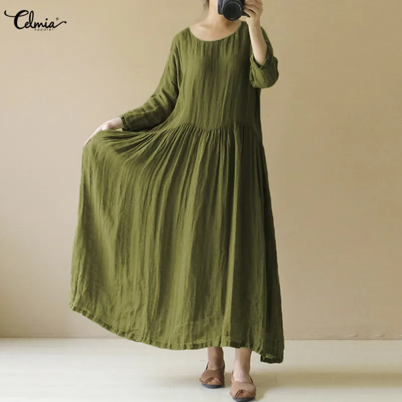 

Celmia 2019 NEW Vintage Pleated Dress Harakuju Women Dress Long Sleeve Maxi Dress Kaftan Solid Casual Loose Long Vestidos Mujer