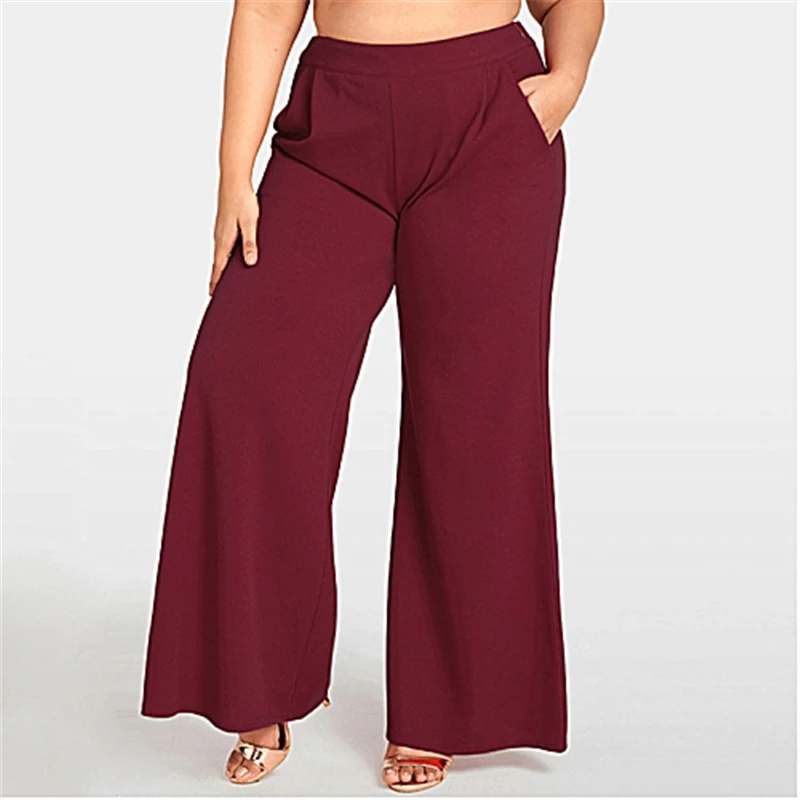

Plus Size Lady Female High Waist Wide Leg Pants Womens OL Office Loose Stretch Solid Color Long Pants High Street Trousers
