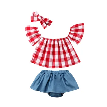 オンライン 夏半袖赤チェック柄トップスパンツカチューシャ服女の子かわいい綿 3 ピース新生児ガール服セット