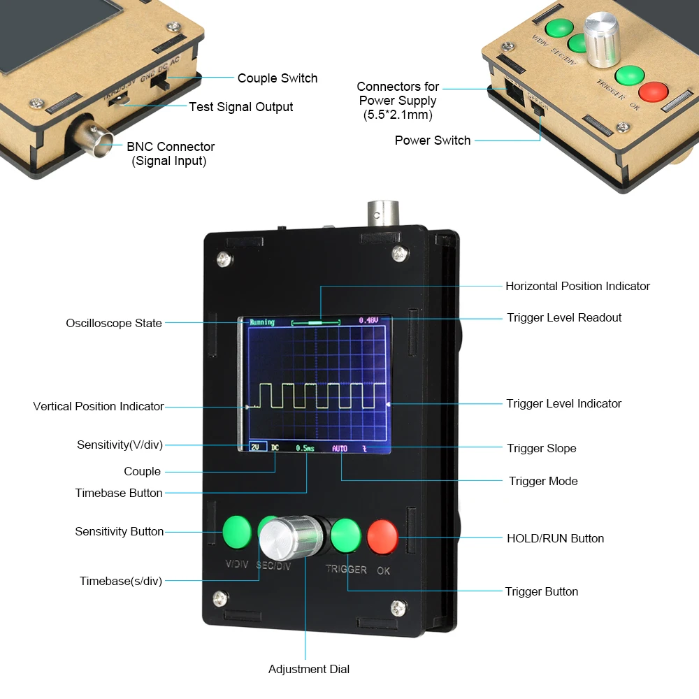 DC 9V 200mA DSO311 Мини DIY Kit Цифровой осциллограф 1msps 2," TFT ЖК-дисплей STM32 12-разрядный зонд