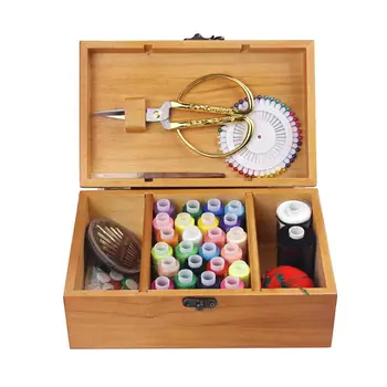 

Retro Wooden Sewing Box Sewing Kit with Sewing Accessories for Camping Home Kids Travel Emergency