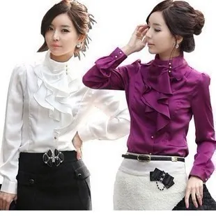  Women Chiffon Blouse Feminine OL Formal Ruffle Puff Sleeve Royal Satin Tops Female Long Sleeve Shir